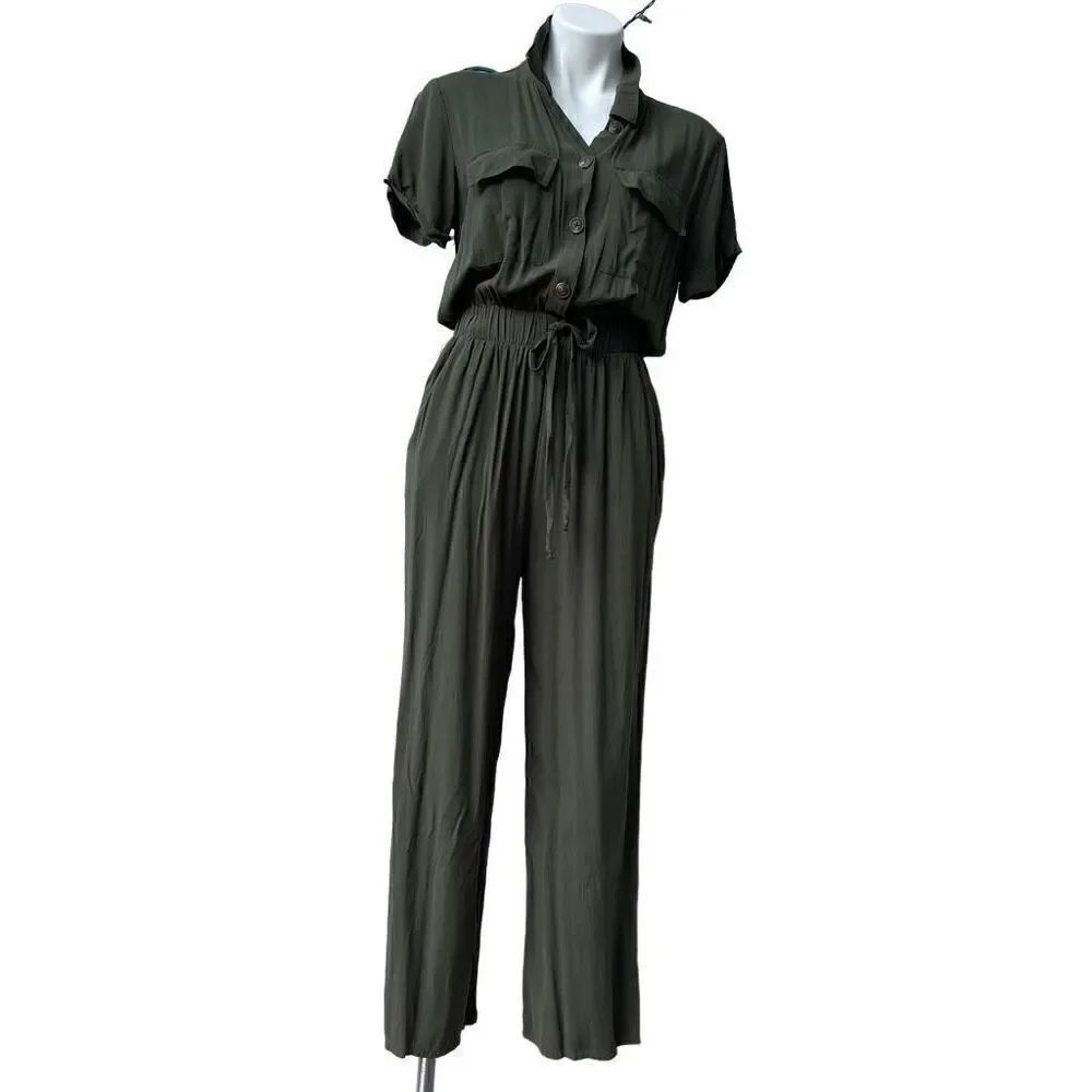 No Boundaries Womens Short Sleeve Jumpsuit Button Elastic Waist Green Medium 7-9
